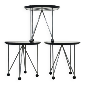 Set of three post modernist side tables with chrome legs 1980s