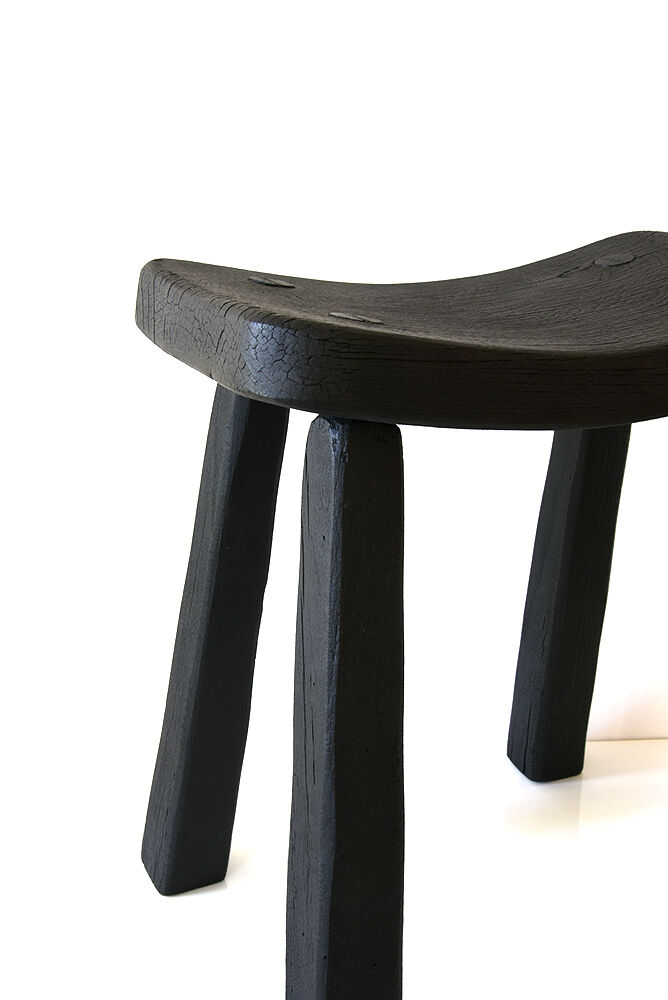 Japanese style wooden stool with burnt wood finish shou-sugi-ban