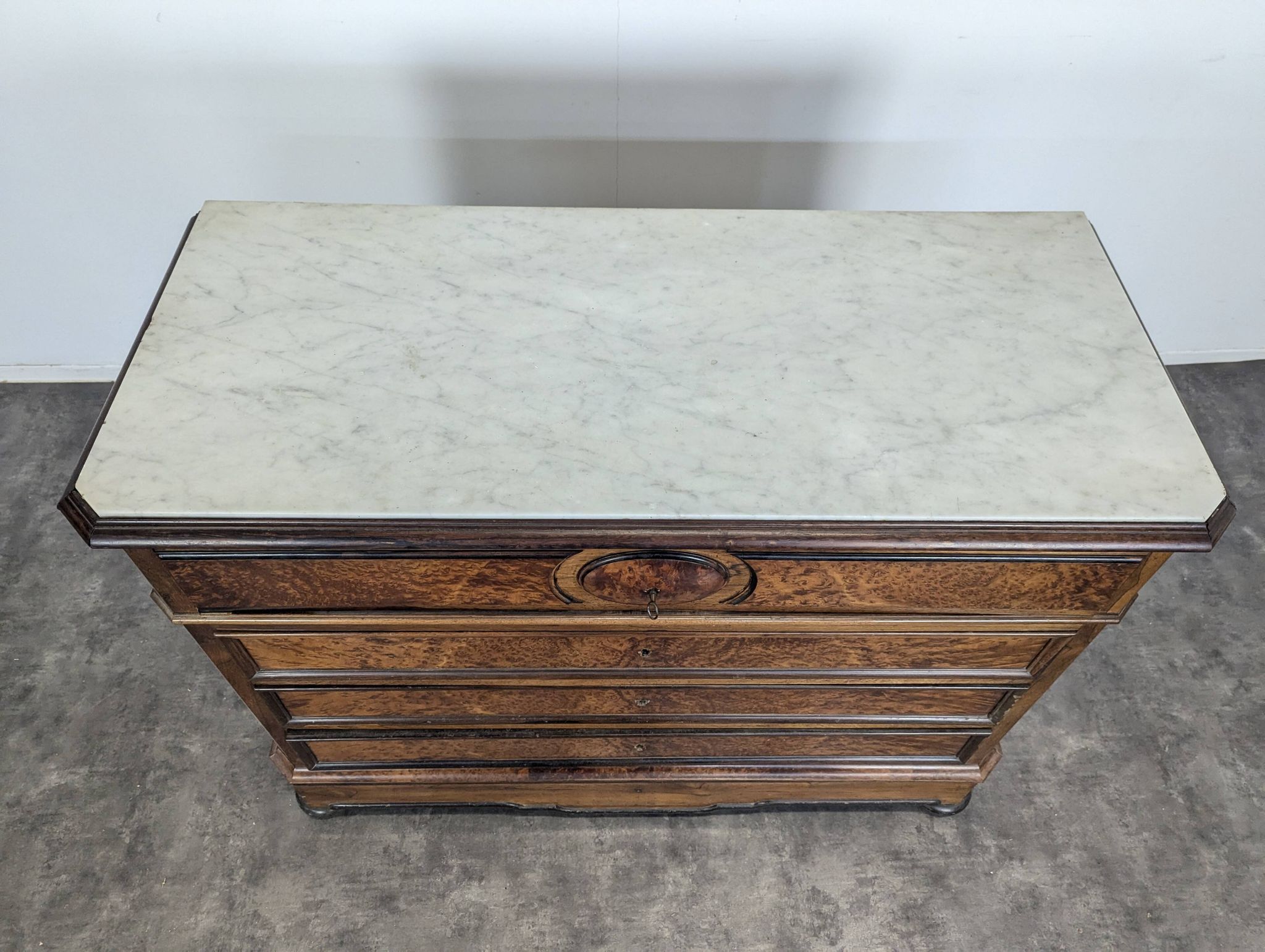 Elm burl and rosewood secretary chest of drawers