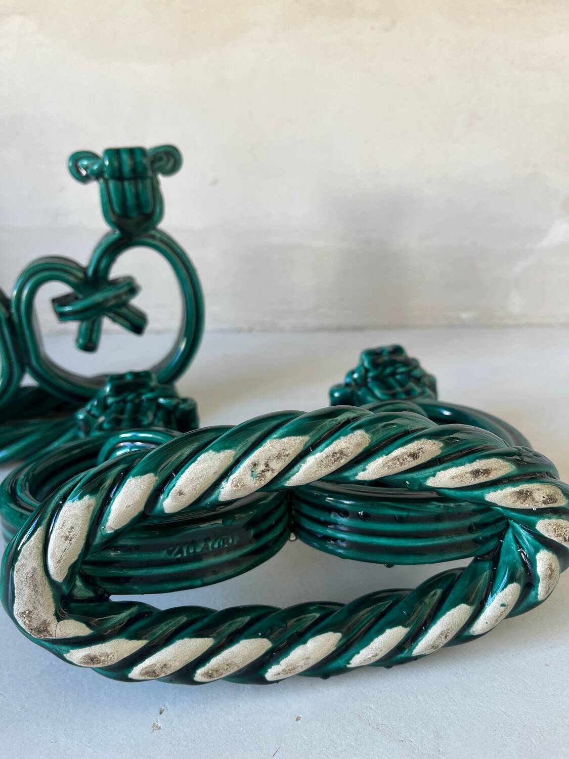 Pair of Vallauris candlesticks in woven ceramic