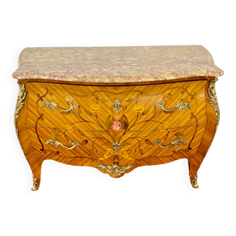 Louis XV Style Marquetry Chest of Drawers with Marble Top