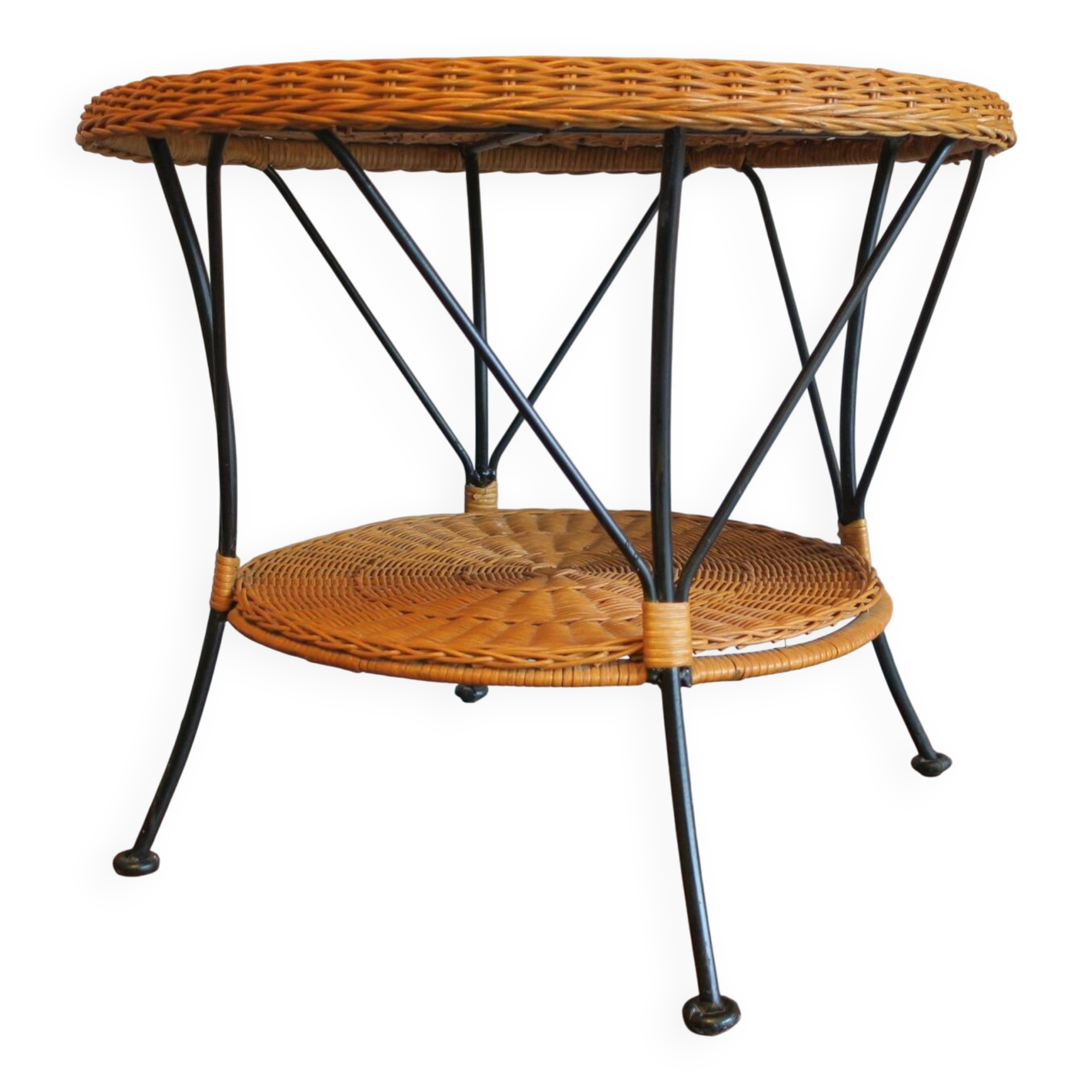 Table basse ou à vin en bambou et fer à deux niveaux des années 1960.