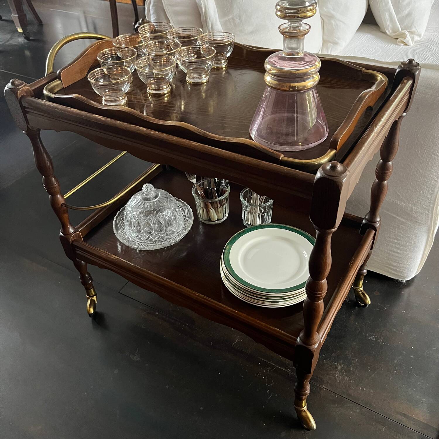 Wooden and brass rolling trolley