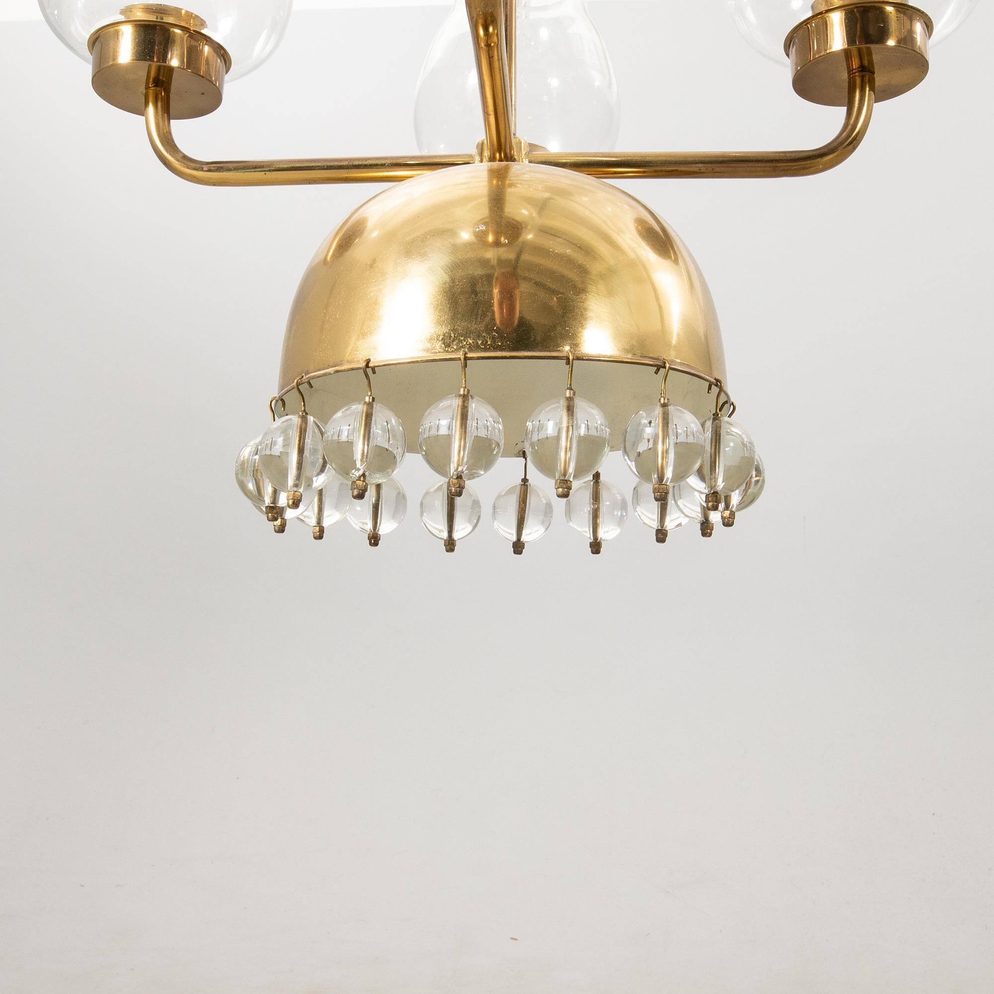Chandelier Erik Höglund Brass and glass Sweden 1960