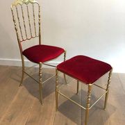 Chiavari chair and stool in brass and velvet. Around 1940.