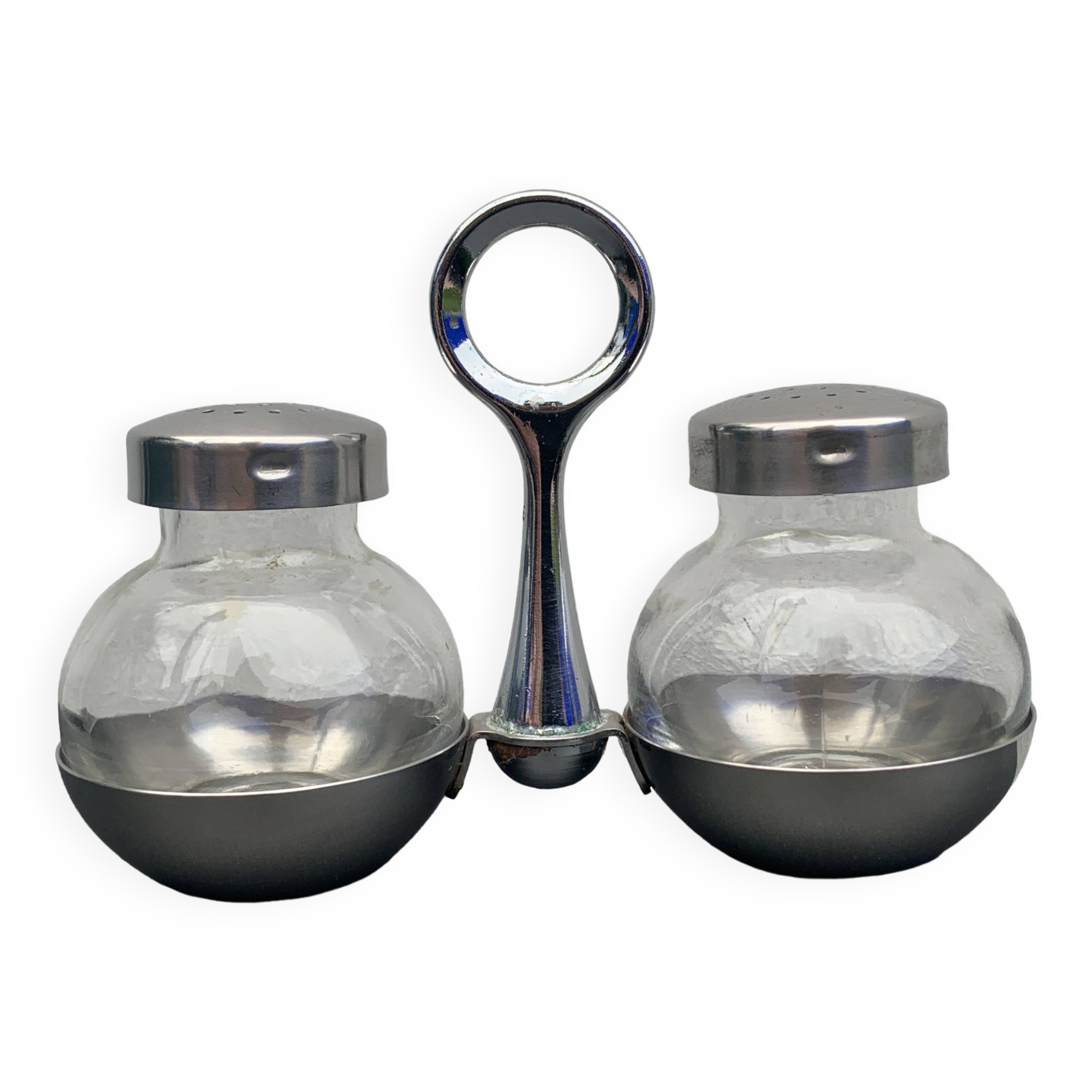 German salt and pepper shaker WMF in metal and glass, 1970
