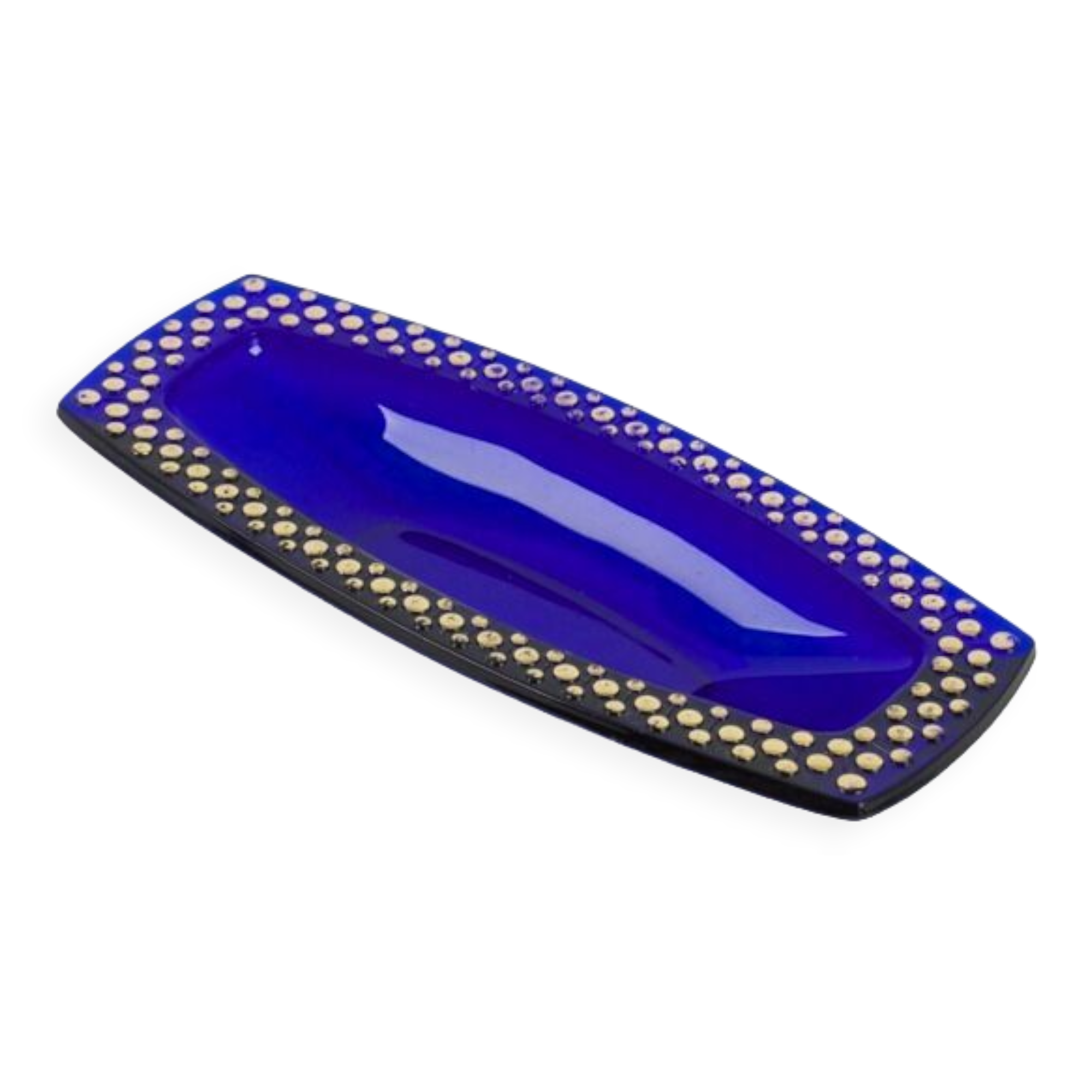 Cobalt blue glass cup gilded relief decoration, rectangular, 1960