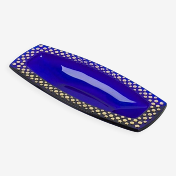 Cobalt blue glass cup gilded relief decoration, rectangular, 1960