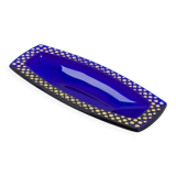 Coupe en verre bleu cobalt décor en relief doré rectangulaire,1960