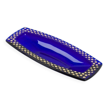 Coupe en verre bleu cobalt décor en relief doré rectangulaire,1960