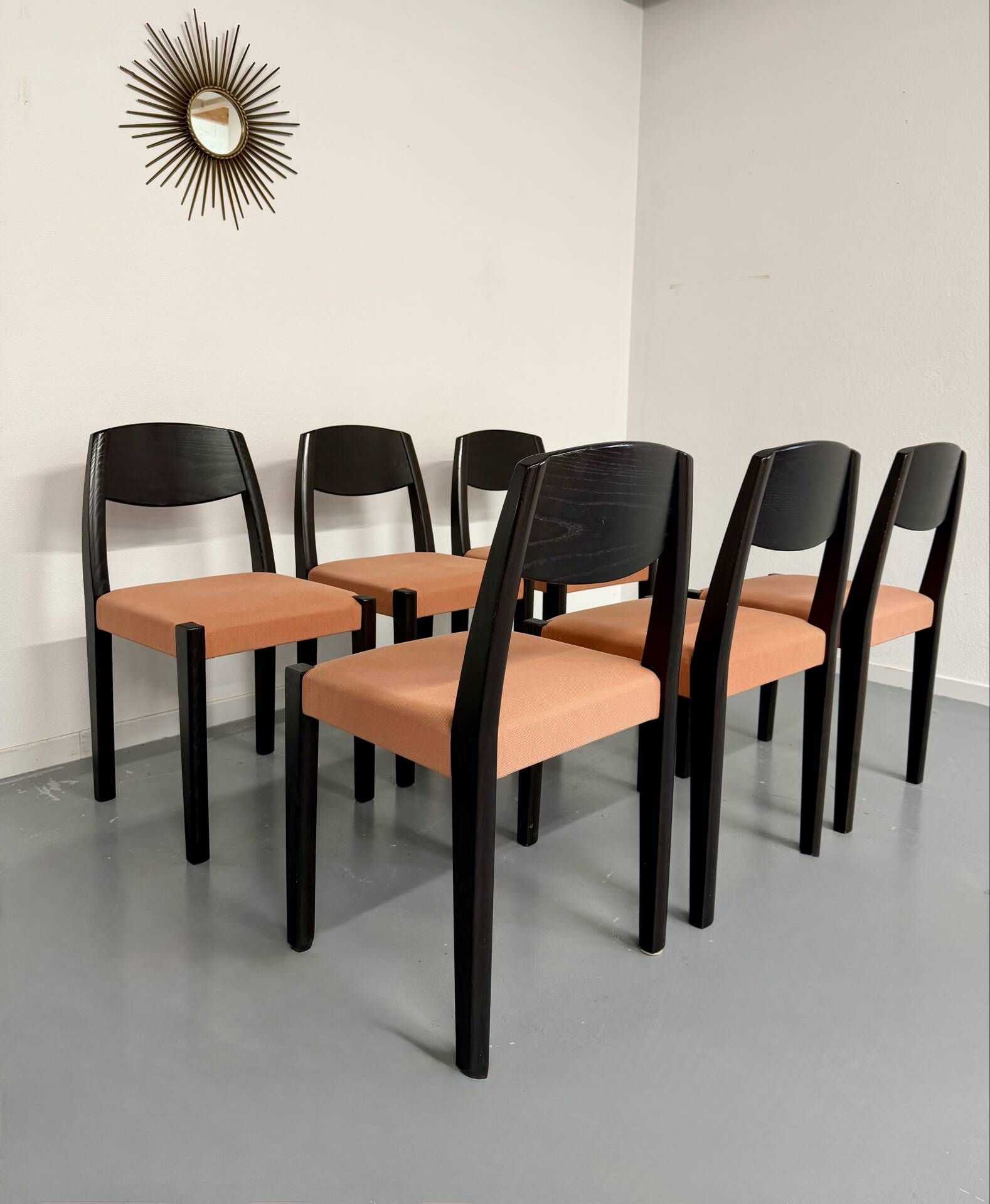Lot of 6 blackened wooden chairs with French design fabric from the 1970s Self.