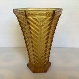 Old yellow molded glass vase chevron pattern