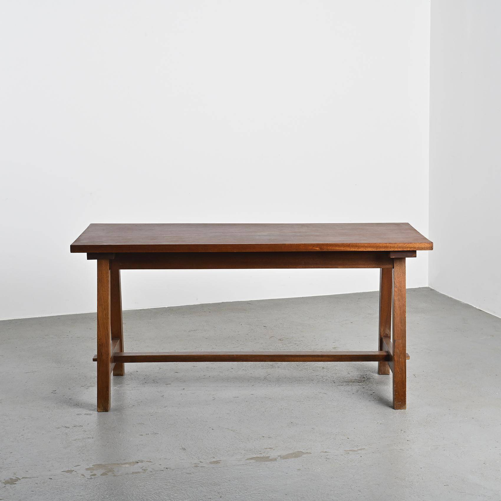 Mahogany dining table and benches, mountain work, France circa 1960