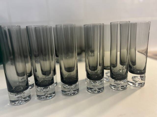 Set of black smoked glasses with large bubbles from the 1970s.