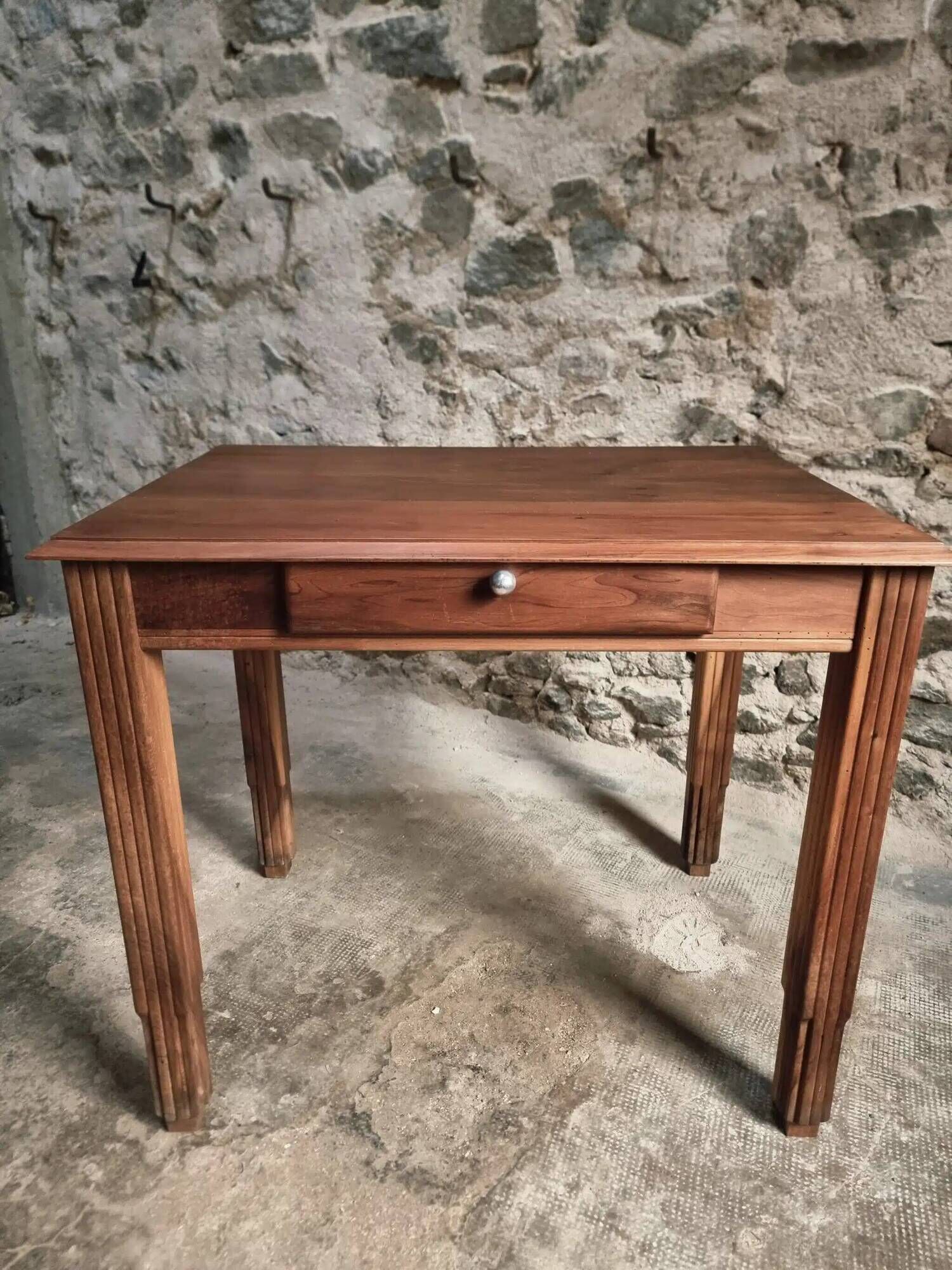 Vintage French walnut writing desk, 1950s Art Deco style, table with drawer, compact desk or side table