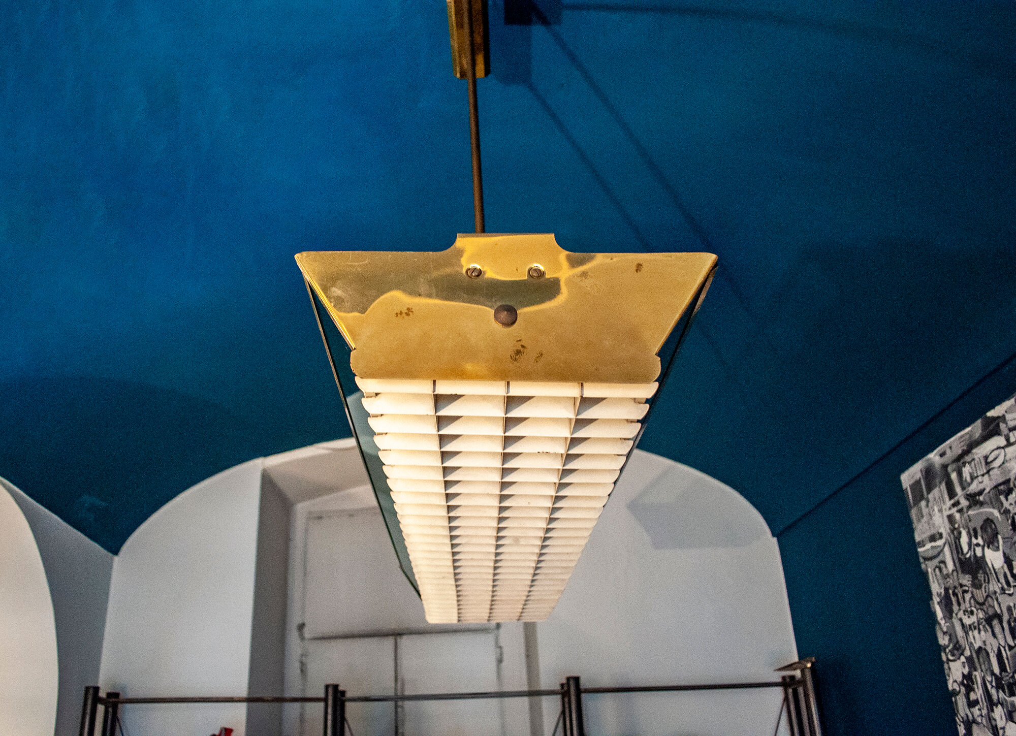 Four brass, aluminum and plexiglas ceiling panels. Italy 1950s