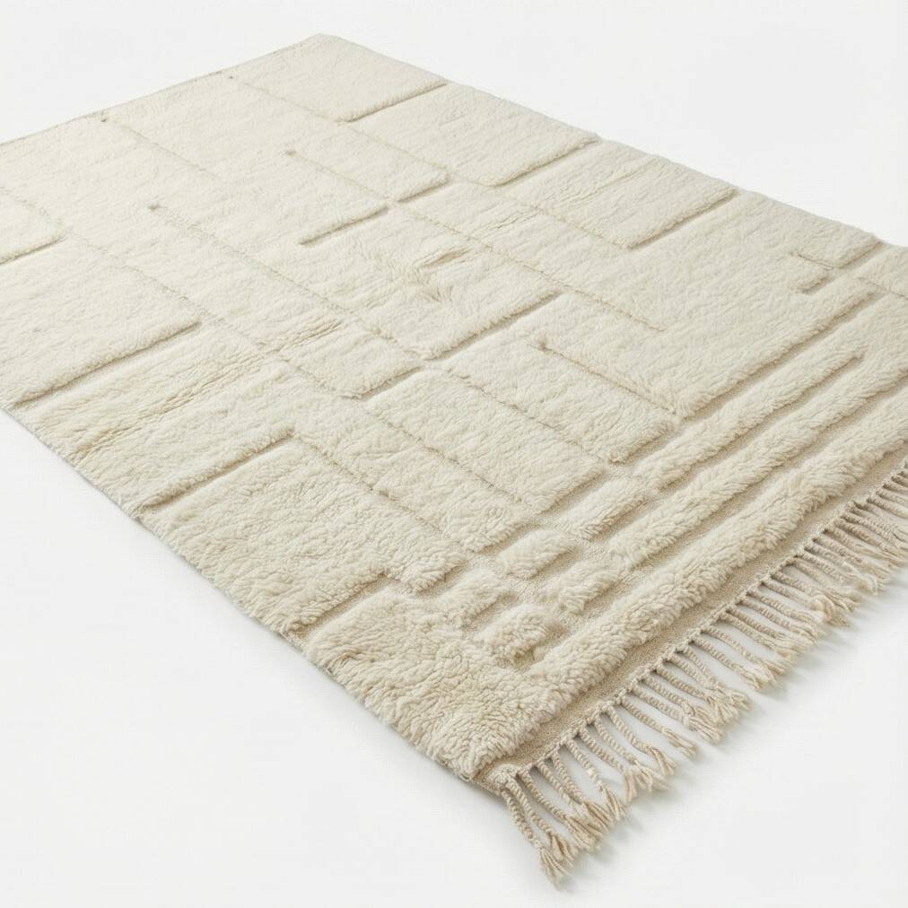 Large graphic white Berber rug in wool