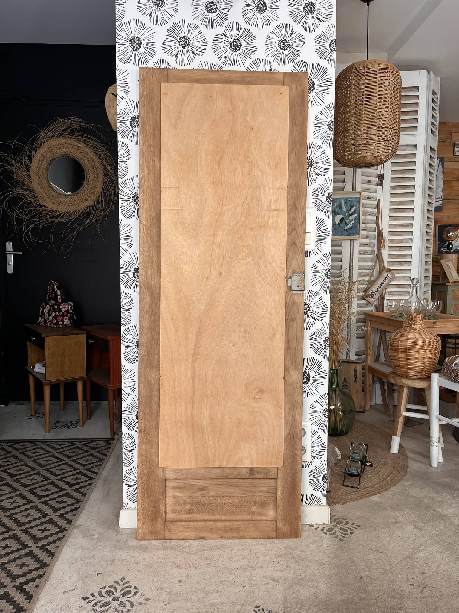Vintage Art Deco bevelled wardrobe door, solid oak, Azalée.