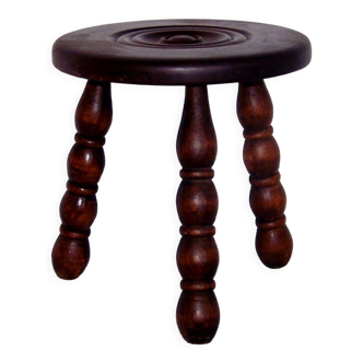 Vintage french hand made wood milking stool 3 legs bullseye seat 4277