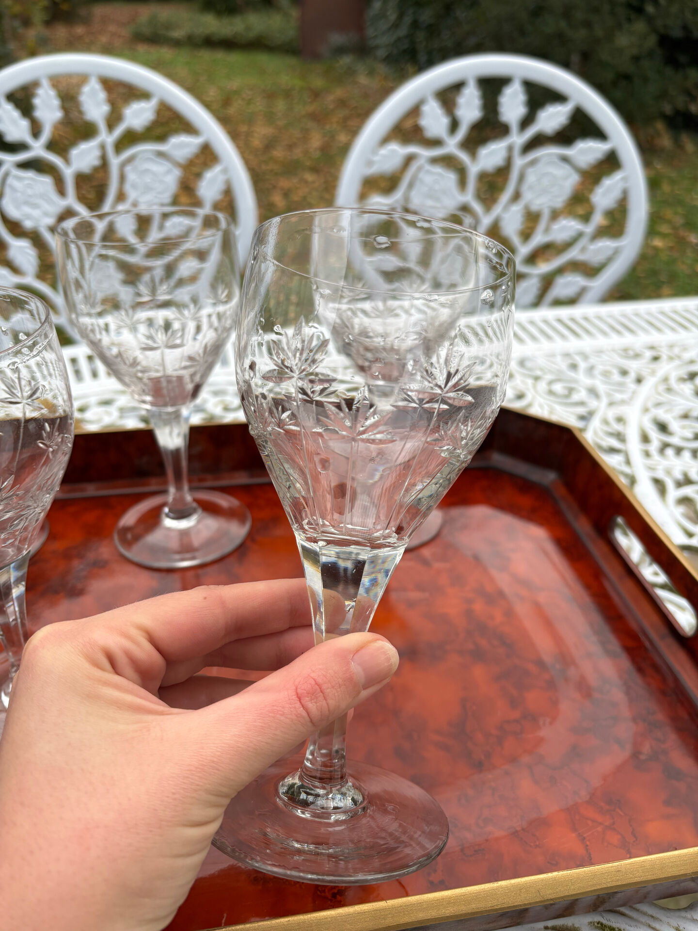 Set of five cut crystal wine glasses