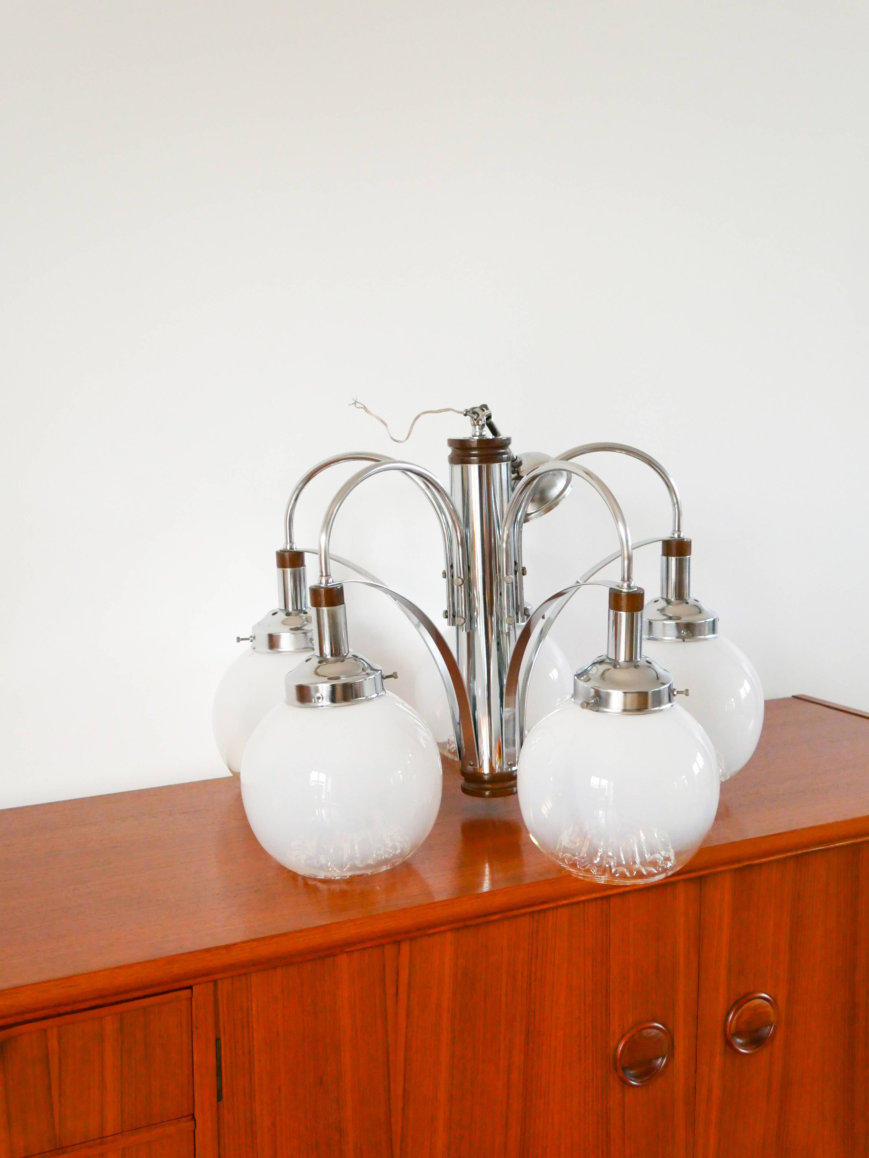 Chandelier Gaetano Sciolari, 5 lights, in Murano glass, Opaline and Amber, 1970.
