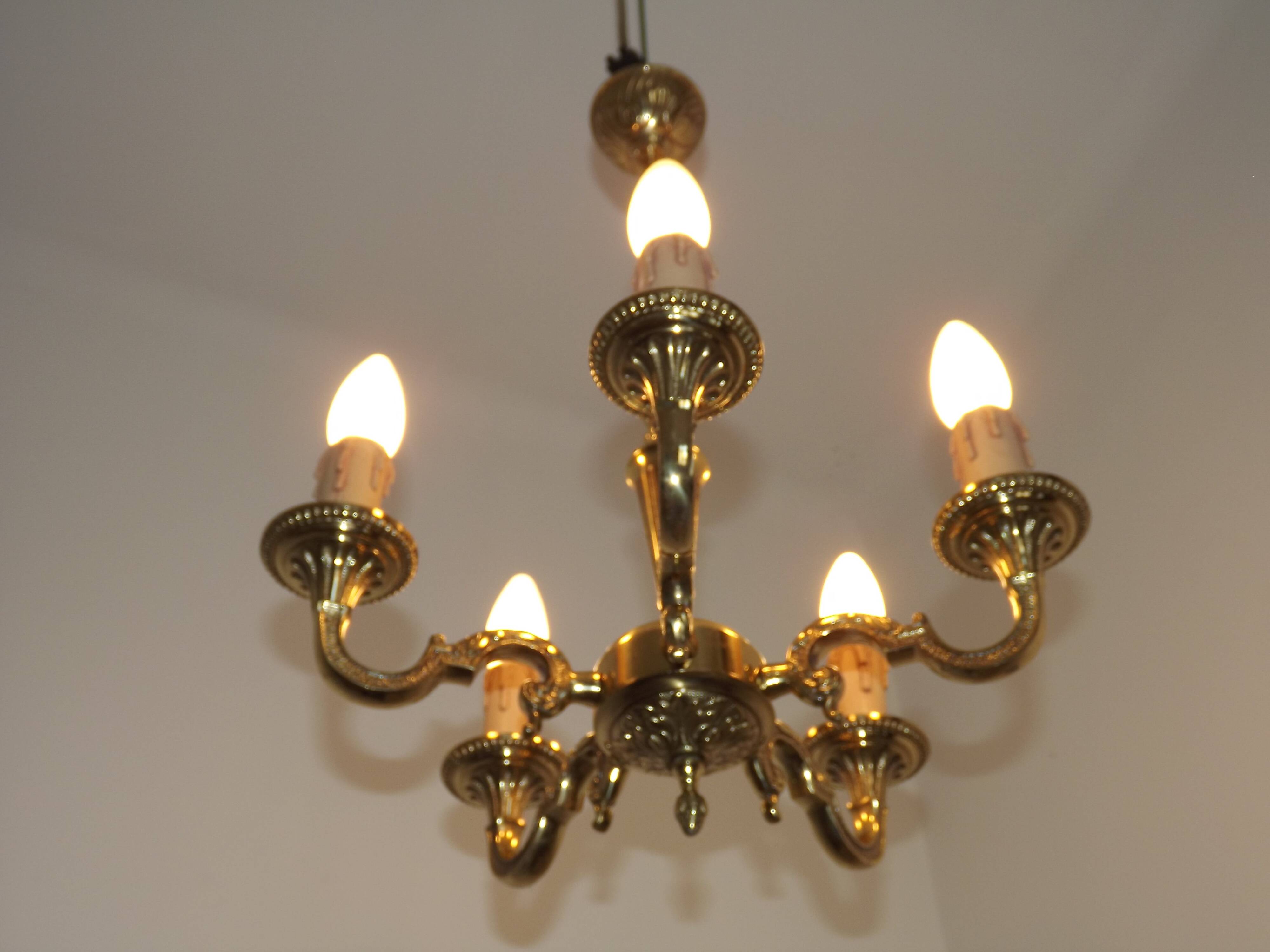French Vintage 5 Light Quality Brass Chandelier with Scroll Acanthus Arms 5452