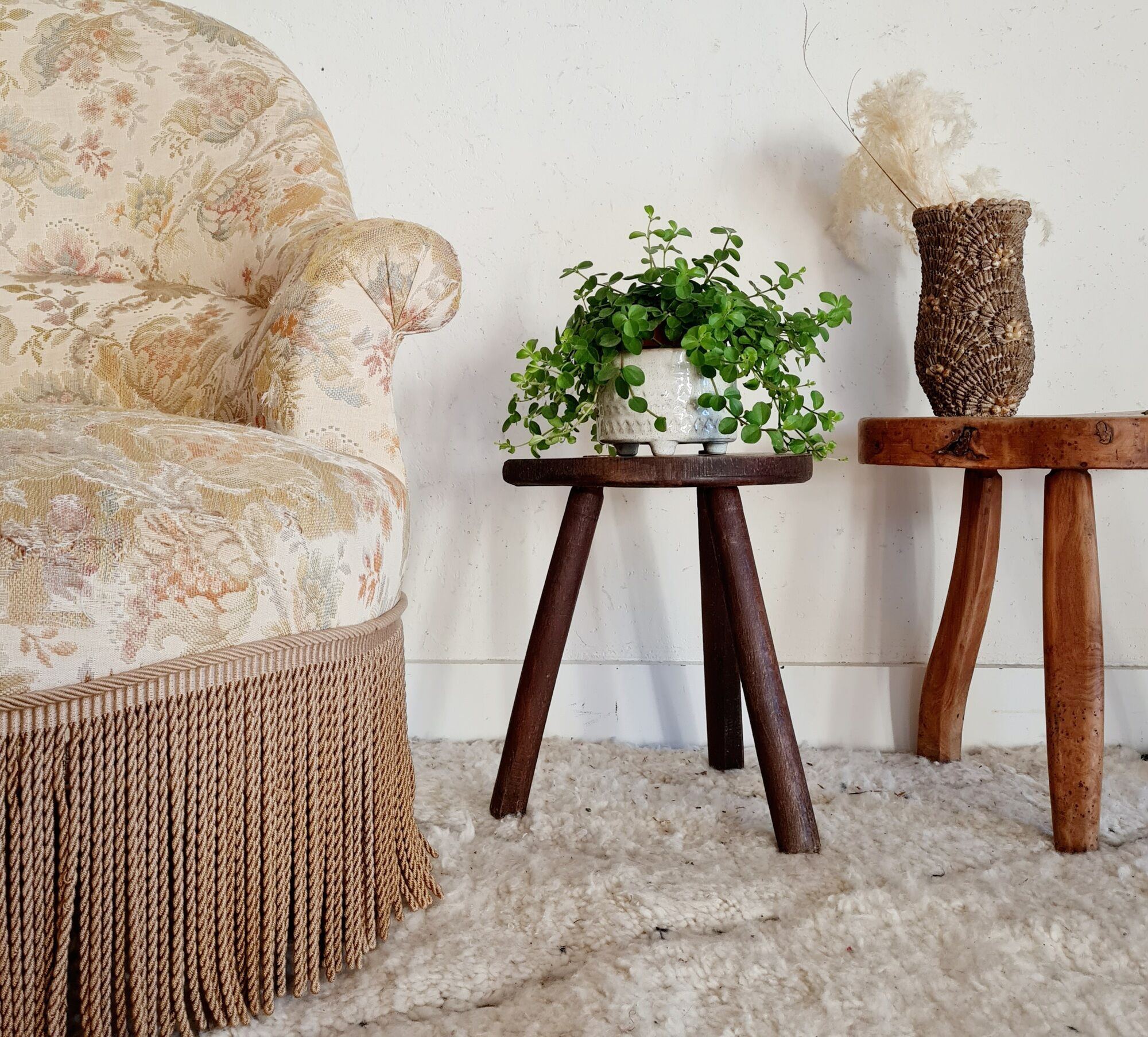 Old wooden tripod wooden farm stool made of wood