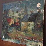 Oil on cardboard by Gérard Guéguéniat 1956 representing a village