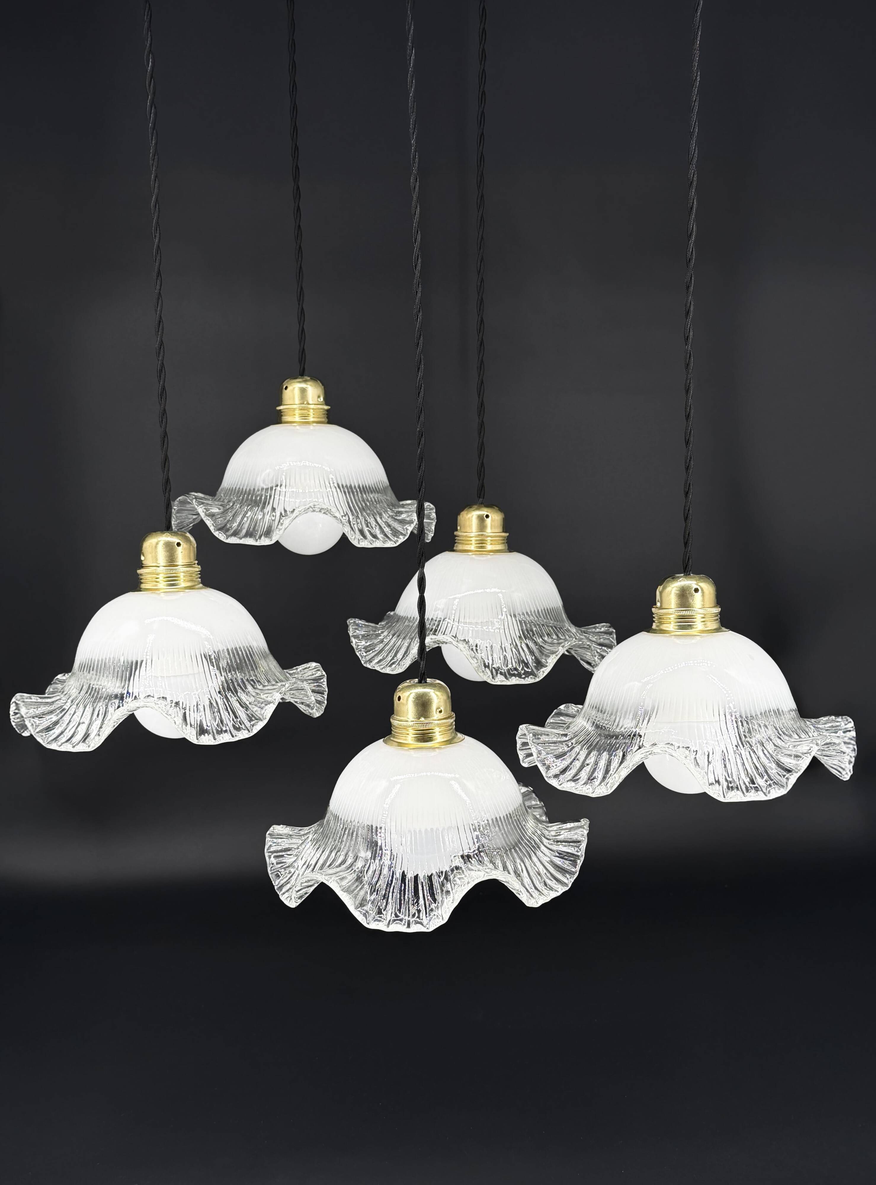 Set of 5 scalloped white opaline flower pendants, braided black cable.