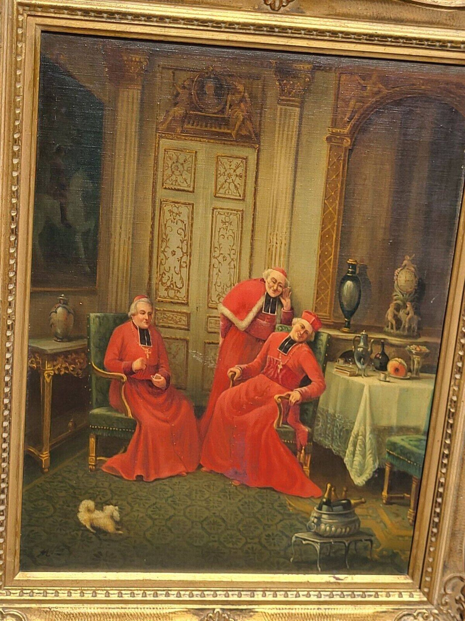 Signed Antique French Oil Painting – Cardinals in Luxurious Setting, 19th C