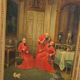 Tableau à l'huile ancien signé – Cardinaux dans un cadre luxueux, XIXe siècle