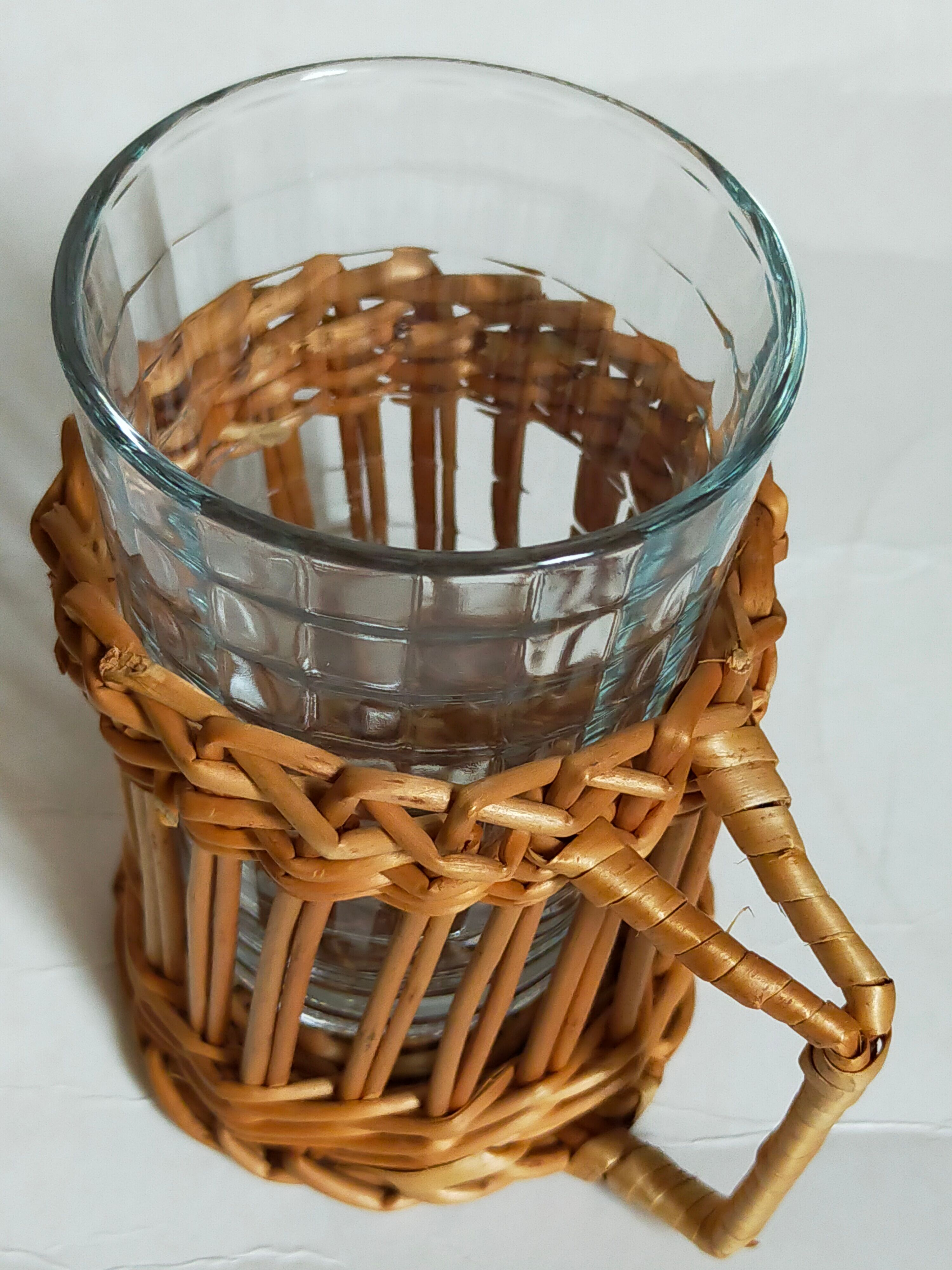 Six vintage 50s glasses in braided rattan cases