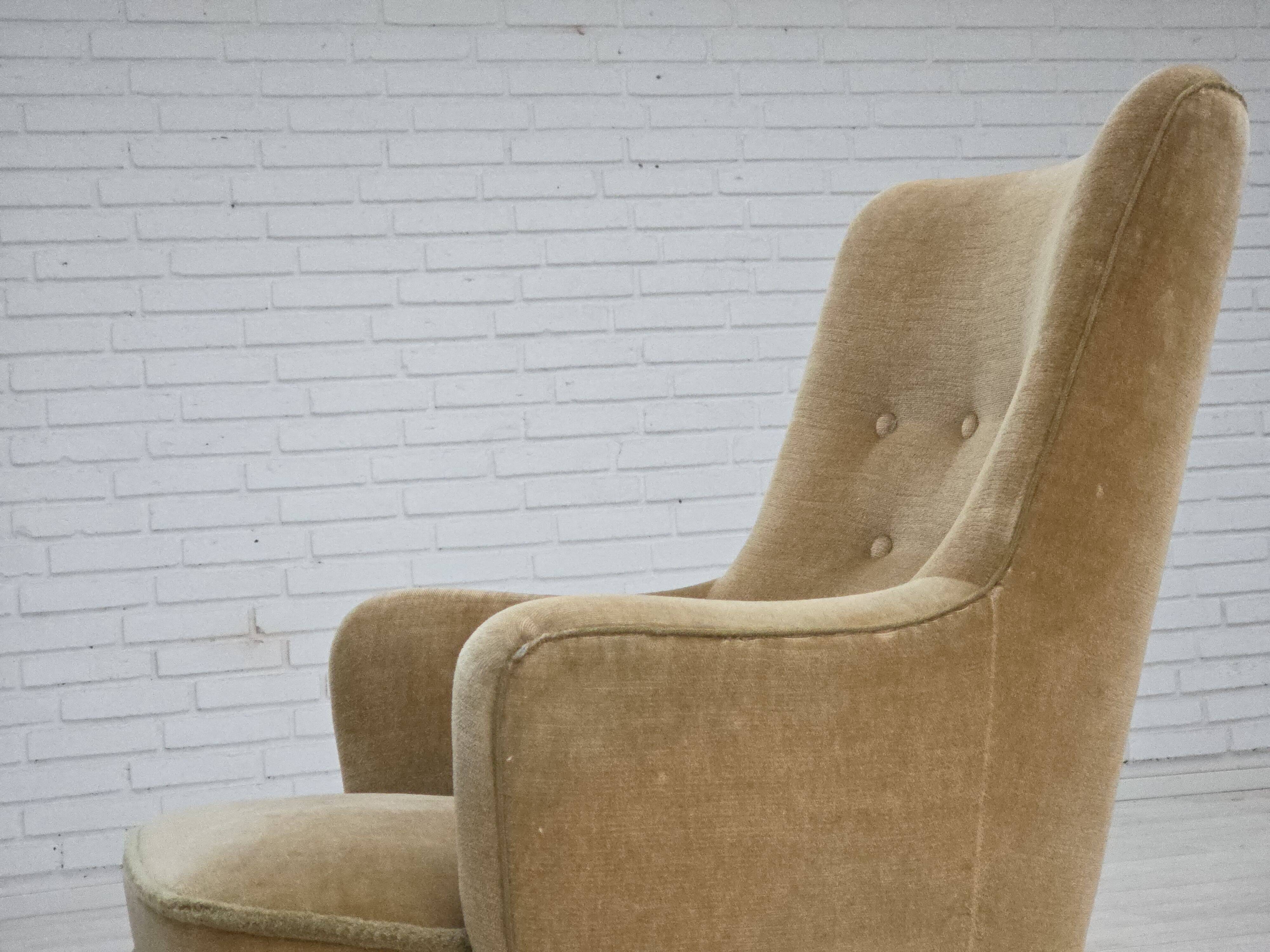 1970s, Danish armchair., original light green furniture velour.