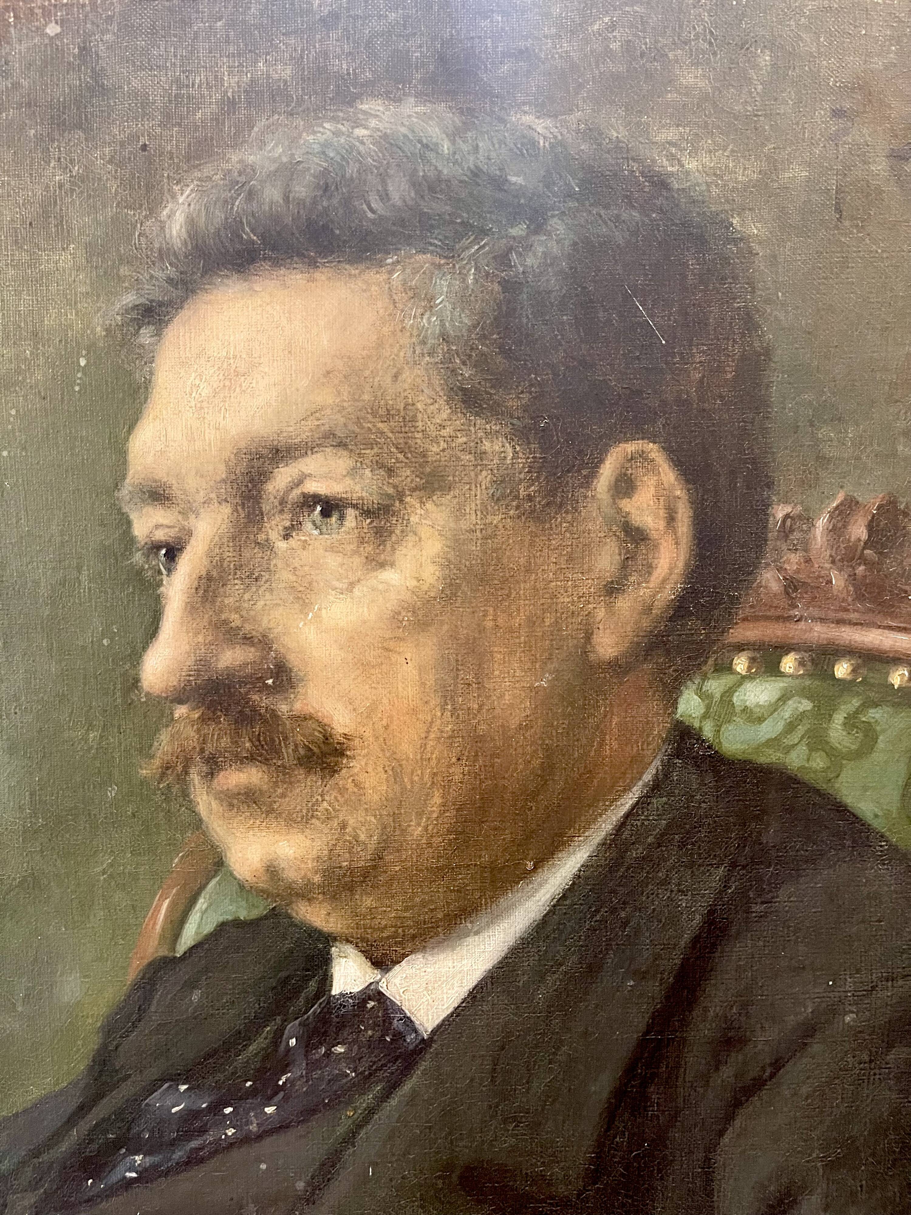 Portrait painting of a man with green eyes and mustache signed 1904