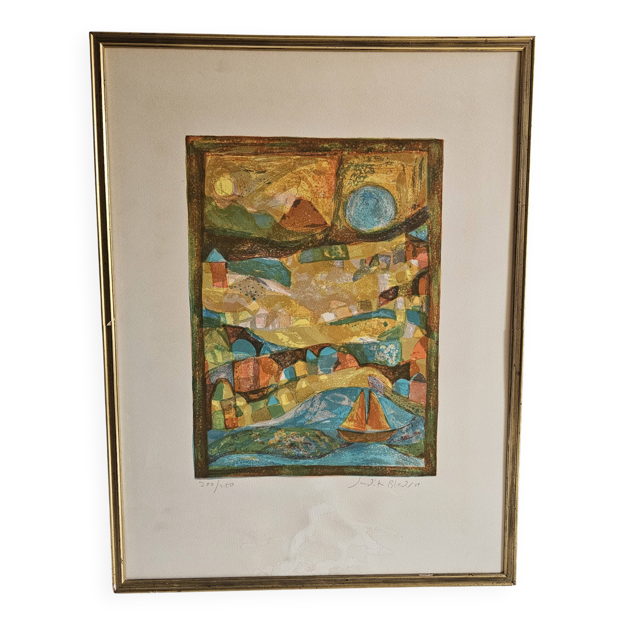 Lithographic table stylised figurative composition sailing boat Judith Bledsoe
