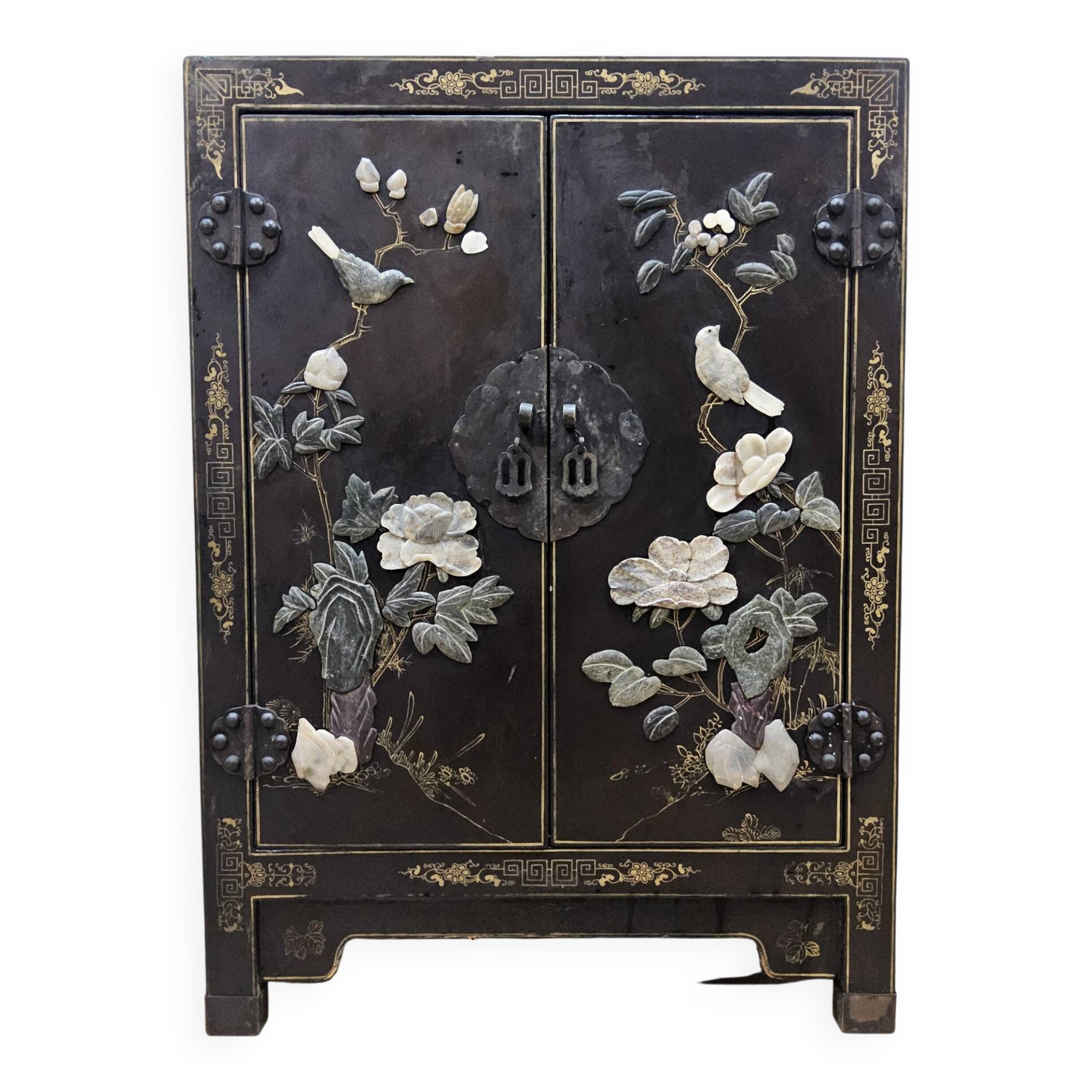 Vintage Chinese lacquered cabinet soapstone, mother-of-pearl / birds