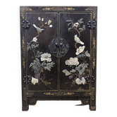 Cabinet laqué chinois vintage en pierre à savon, nacre / oiseaux
