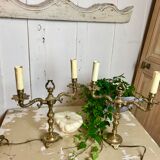 Pair of Louis XVI style double lamps in gilded bronze