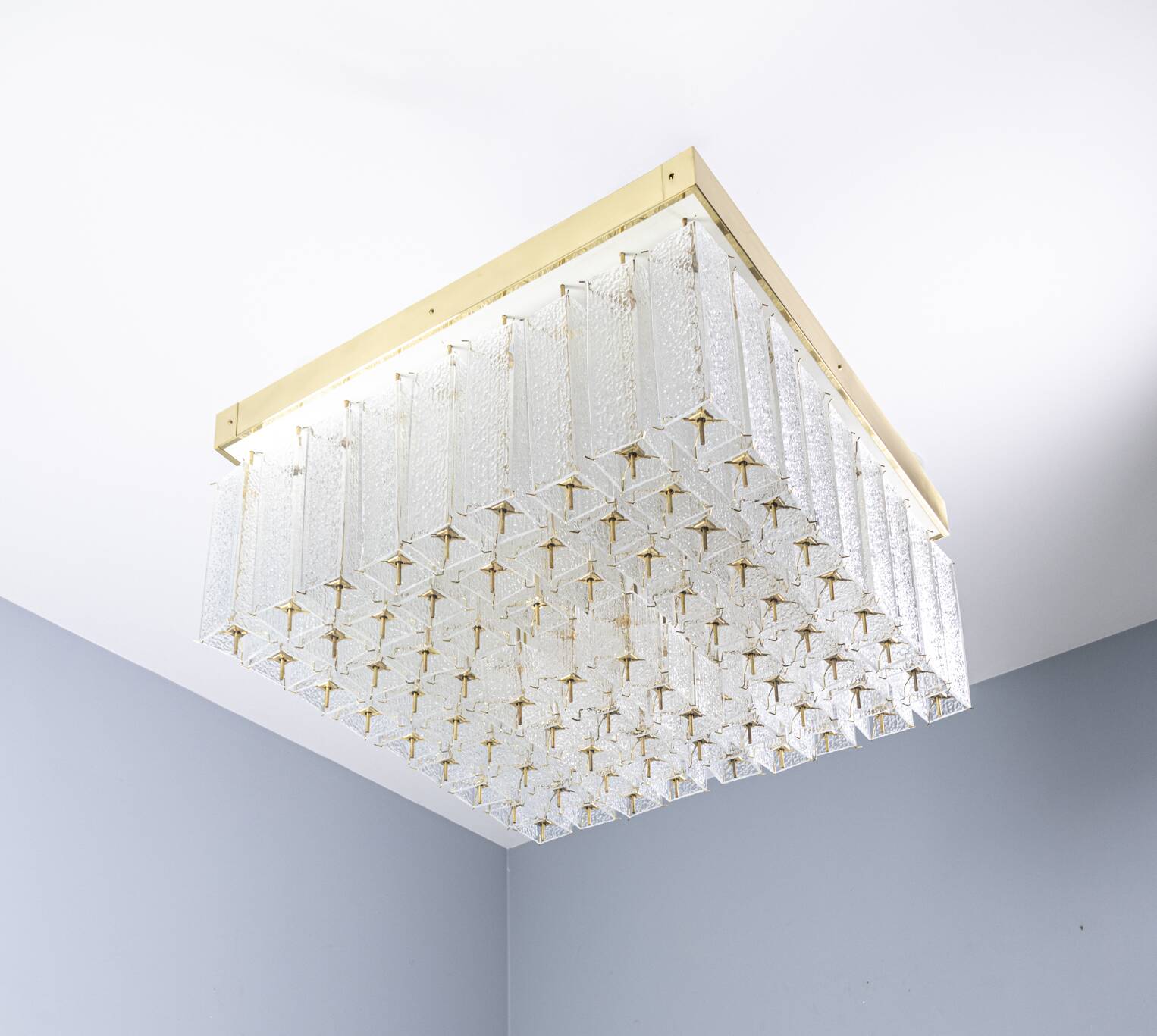 Bohemian flush-mount light in textured glass & brass, 1960s