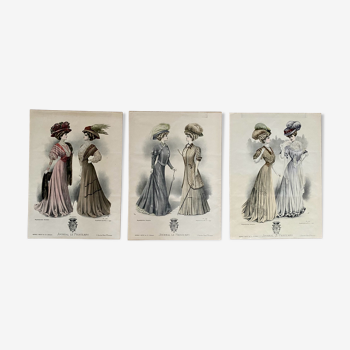 3 affiches de mode originales, journal le printemps, vers 1900