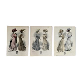 3 affiches de mode originales, journal le printemps, vers 1900