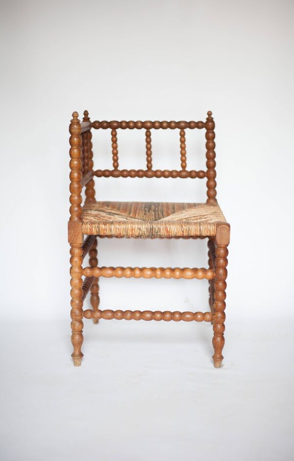 Chaise d'angle bois et cannage, chaise bobine ancienne, chaise d'appoint