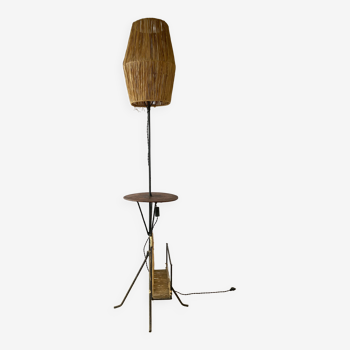 Wrought iron floor lamp with magazine holder and sisal shade, 1950s