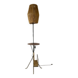 Wrought iron floor lamp with magazine holder and sisal shade, 1950s