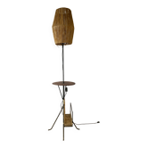 Lampadaire en fer forgé avec porte-magasin et abat-jour en sisal, années 1950