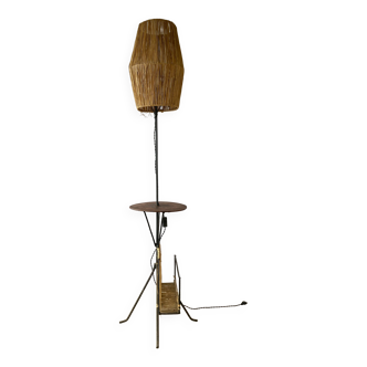 Wrought iron floor lamp with magazine holder and sisal shade, 1950s