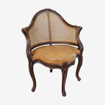 Louis xv office armchair, carved, cane, leather trimmed