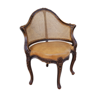 Louis xv office armchair, carved, cane, leather trimmed