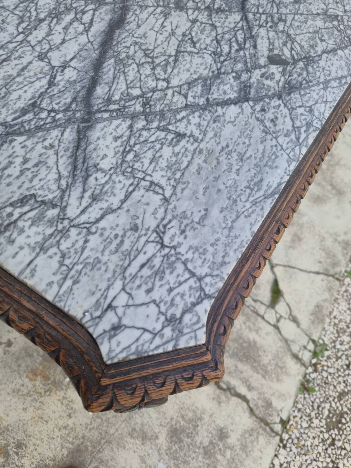 Louis XV style game table in solid oak and richly decorated marble