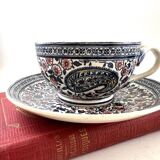 Antique GIEN duo of cups and saucers, Cashmere Bothee decor – French earthenware